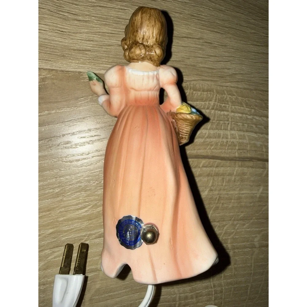 I W Rice & Co Porcelain Girl Holding Basket of Flowers Electric Nightlight Works